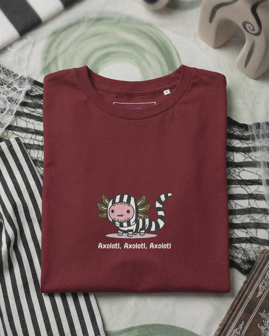 Axolotl Beetlejuice T-Shirt – Funny Beetlejuice Musical Parody Tee, Cute Goth Stripe Shirt, Spooky Broadway Gift