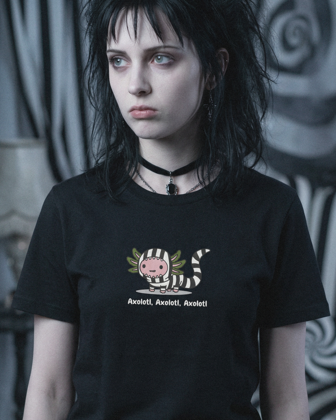 Axolotl Beetlejuice T-Shirt – Funny Beetlejuice Musical Parody Tee, Cute Goth Stripe Shirt, Spooky Broadway Gift