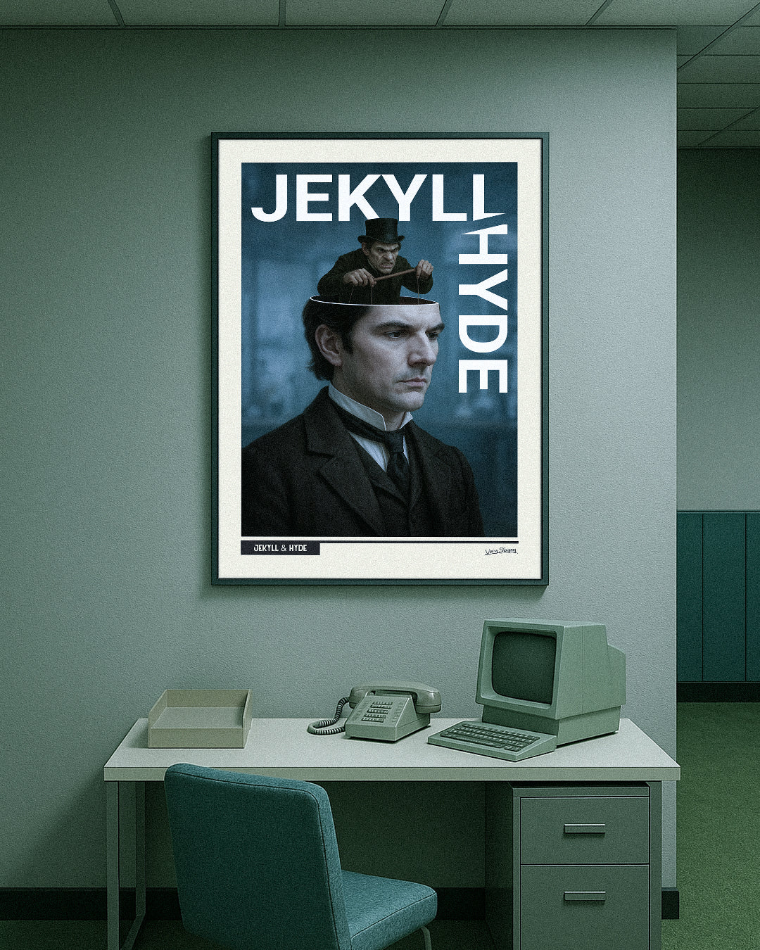 Jekyll & Hyde meets Severance poster framed above a retro office desk with a green computer and phone