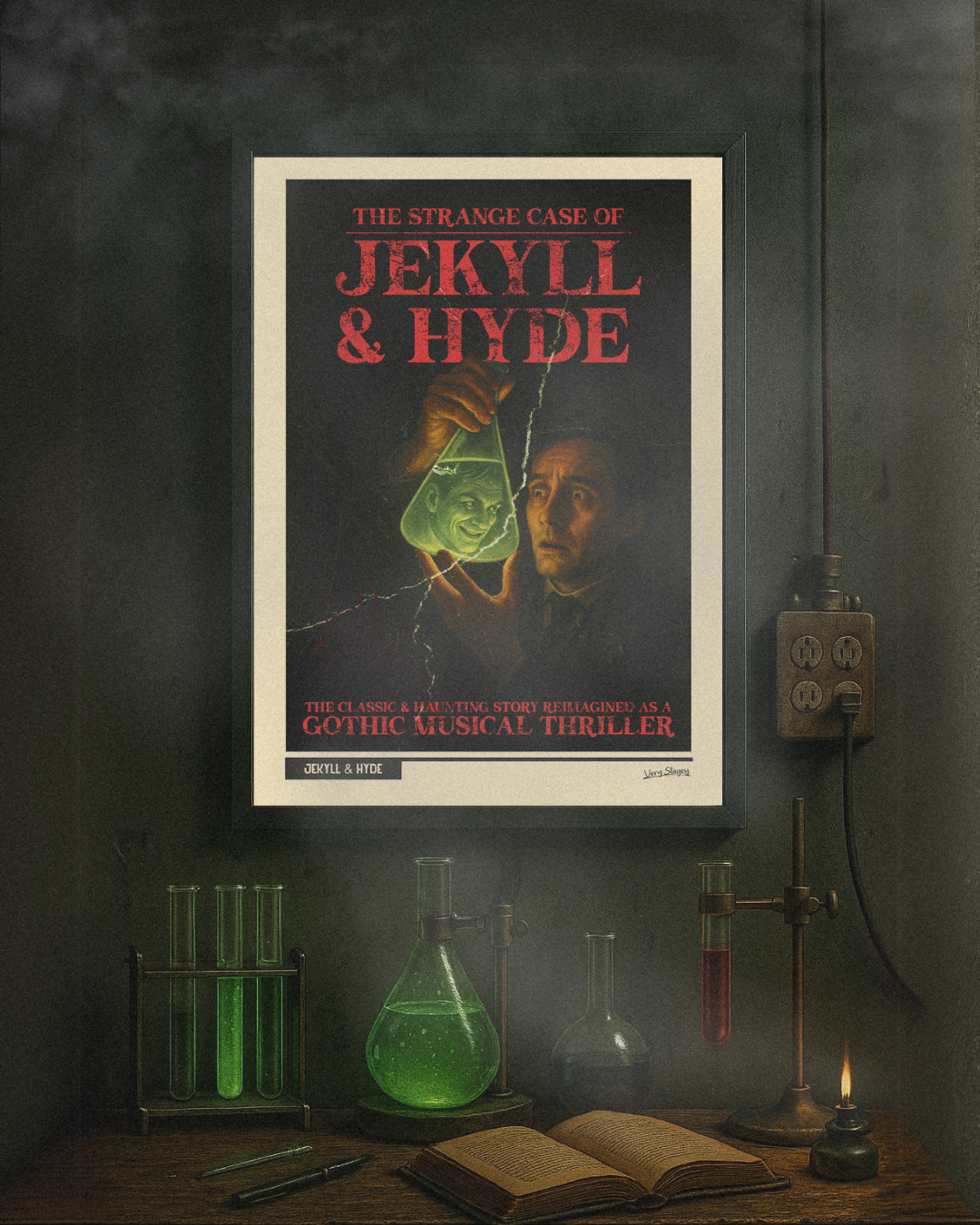 The Strange Case of Jekyll & Hyde poster framed above a Victorian lab bench with glowing green flasks