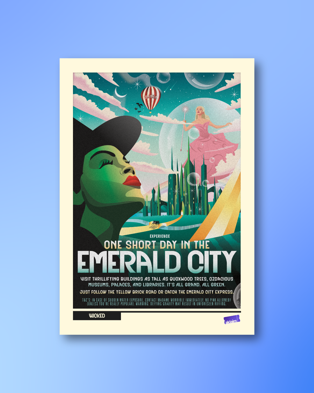One Short Day Wicked poster artwork: a travel-style print of the Emerald City with Elphaba and Glinda