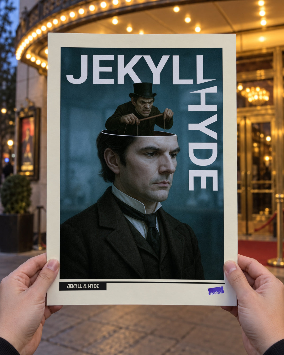 Jekyll & Hyde meets Severance poster held up in two hands outside a theatre entrance at dusk