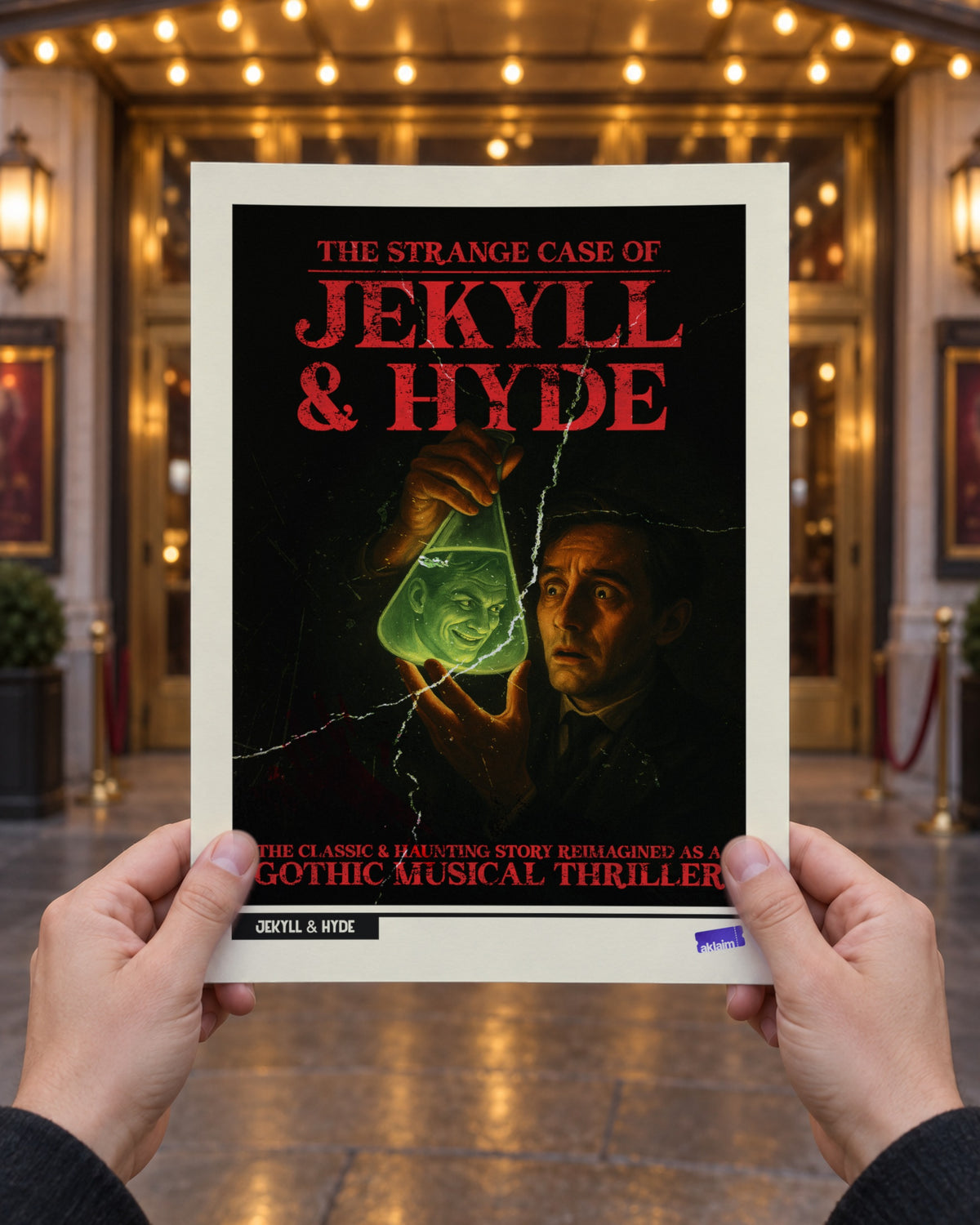 The Strange Case of Jekyll & Hyde poster held up in two hands outside a theatre entrance at dusk