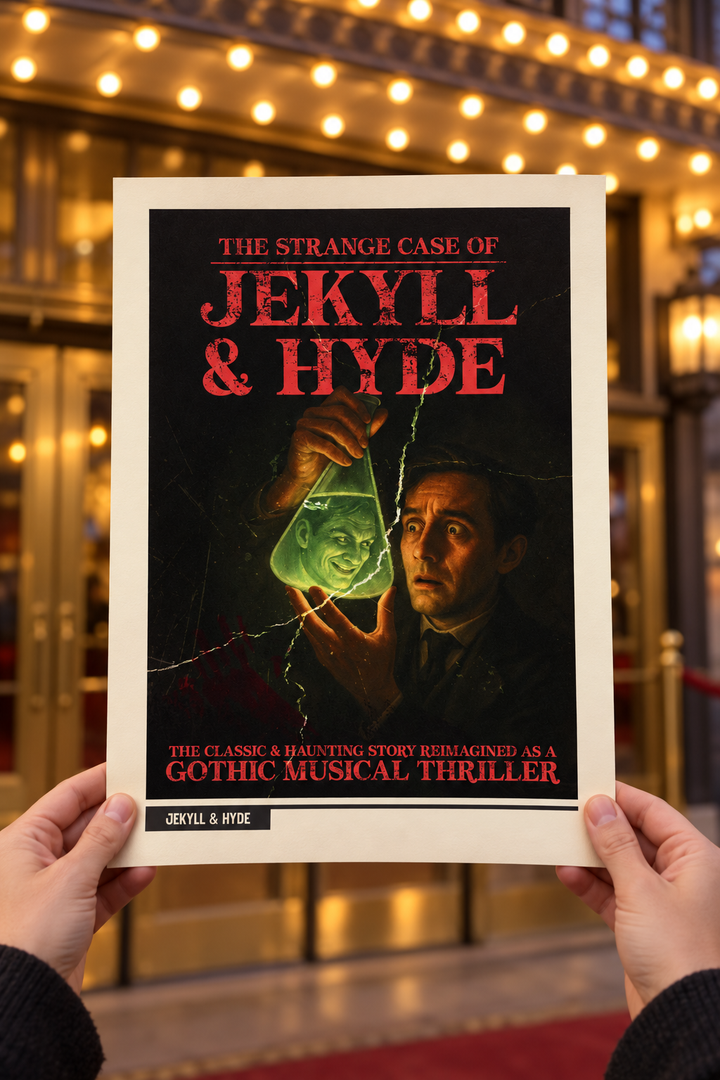 The Strange Case of Jekyll & Hyde poster held up under a theatre marquee at dusk
