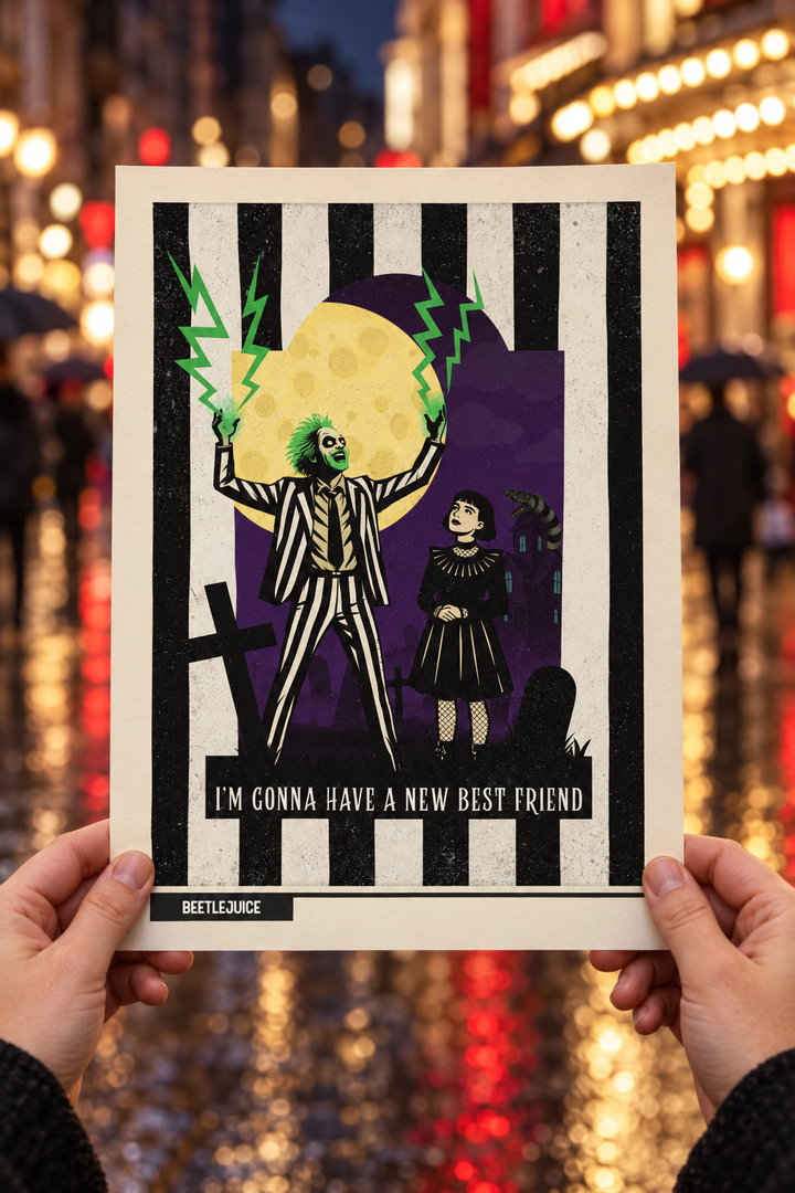 New Best Friend Beetlejuice poster held up on a rainy West End street at night