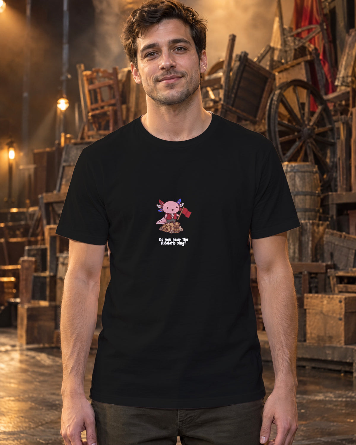 Do You Hear the Axolotls Sing t-shirt in Black, worn on stage by the barricade