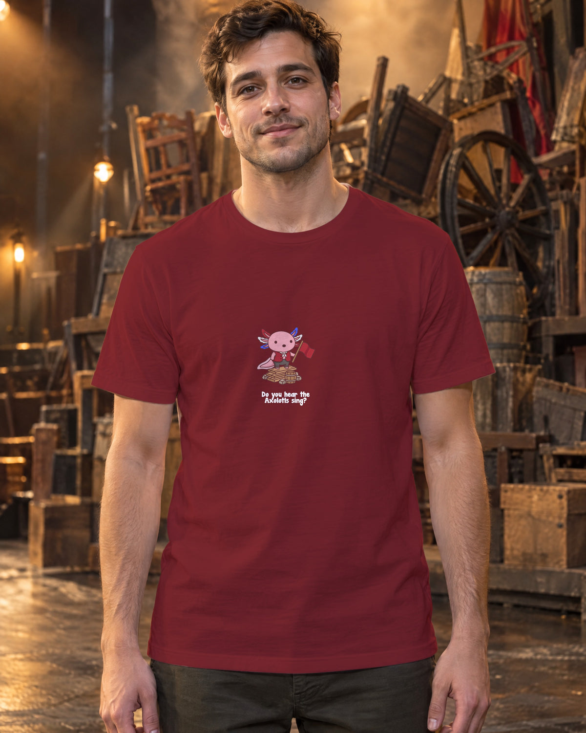 Do You Hear the Axolotls Sing t-shirt in Burgundy, worn on stage by the barricade
