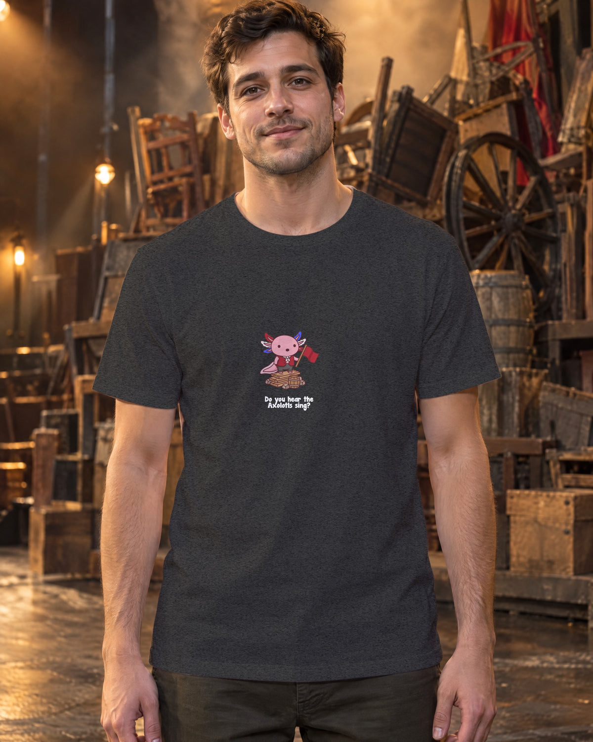 Do You Hear the Axolotls Sing t-shirt in Dark Heather Grey, worn on stage by the barricade