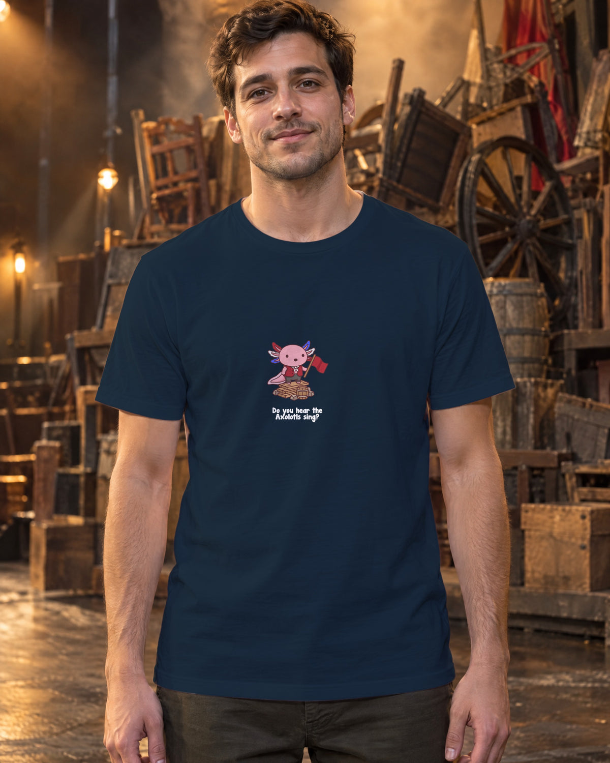 Do You Hear the Axolotls Sing t-shirt in French Navy, worn on stage by the barricade