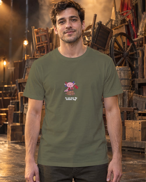 Do You Hear the Axolotls Sing t-shirt in Khaki, worn on stage by the barricade