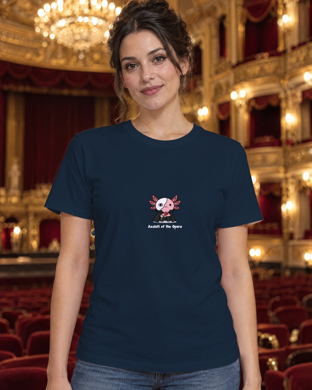 Axolotl of the Opera t-shirt in French Navy, worn in an opera house auditorium