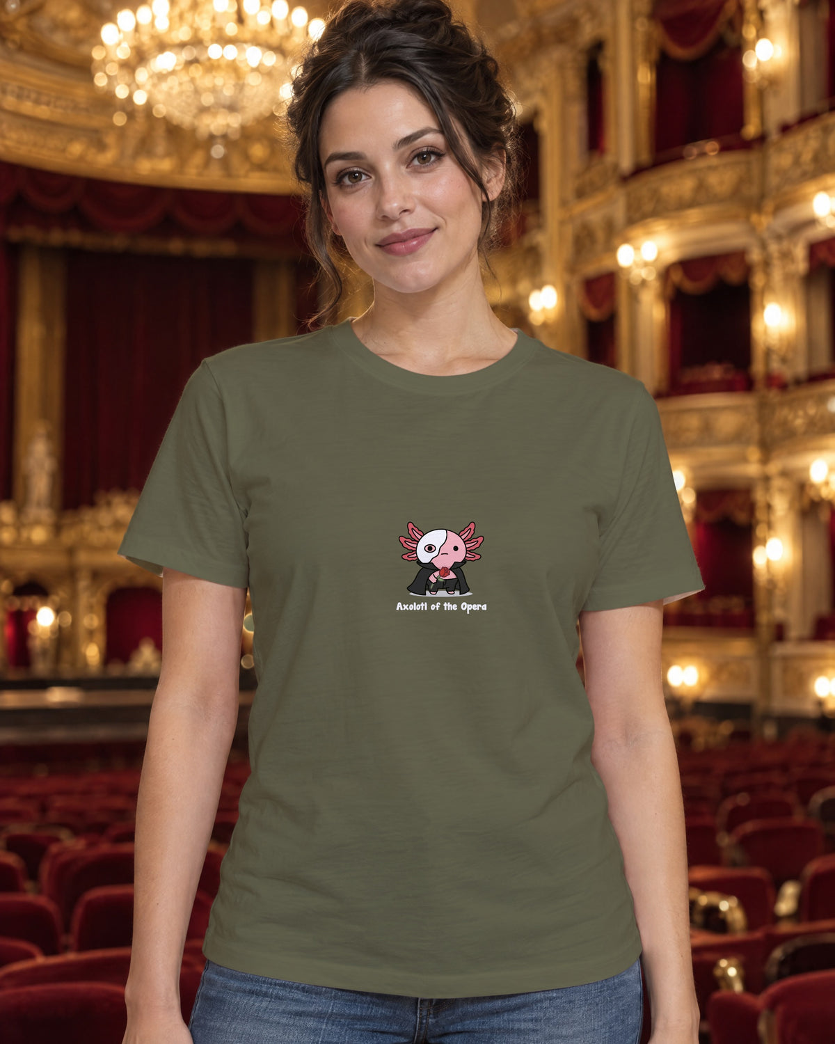 Axolotl of the Opera t-shirt in Khaki, worn in an opera house auditorium