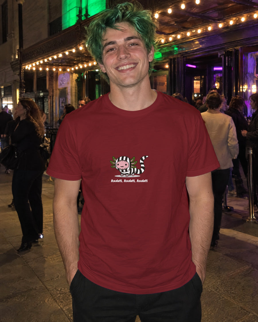 Axolotl Beetlejuice t-shirt in Burgundy, worn under a theatre canopy at night