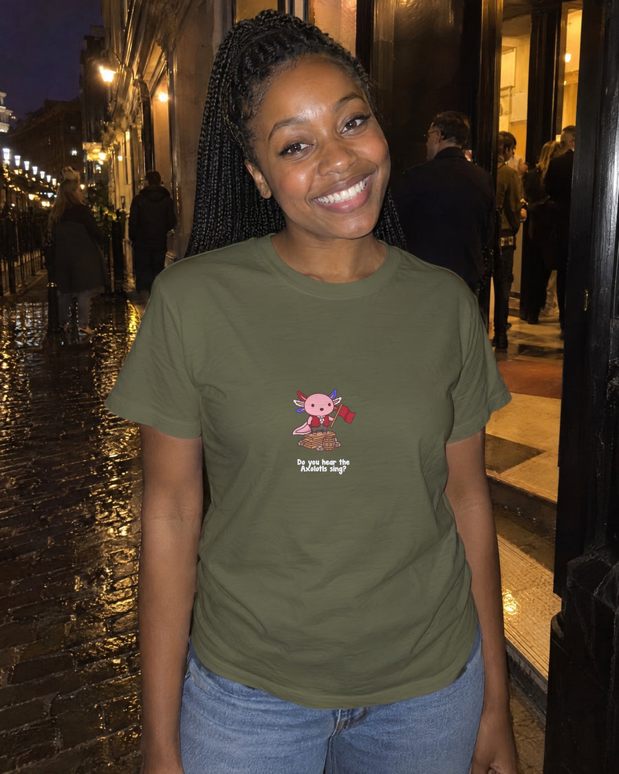 Do You Hear the Axolotls Sing t-shirt in Khaki, worn at a stage door at night