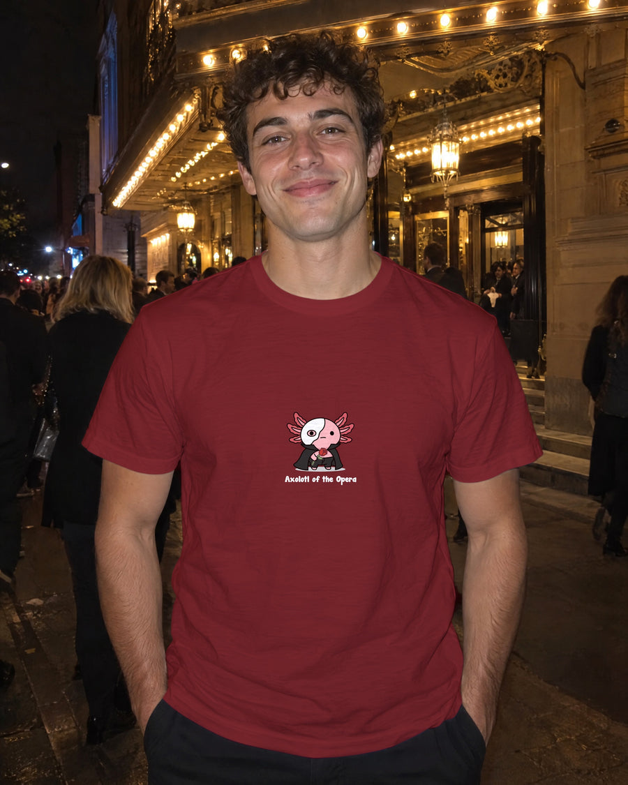 Axolotl of the Opera t-shirt in Burgundy, worn outside a theatre at night