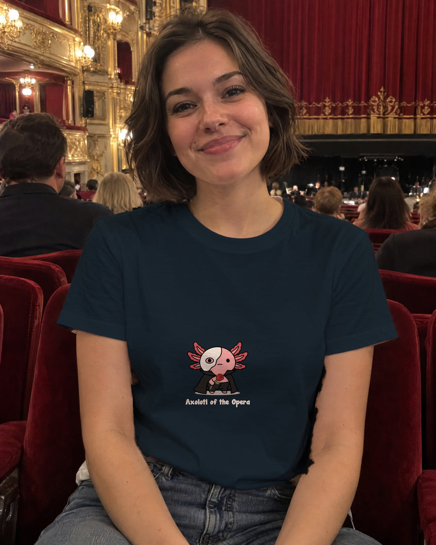 Axolotl of the Opera t-shirt in French Navy, worn in the stalls before a show