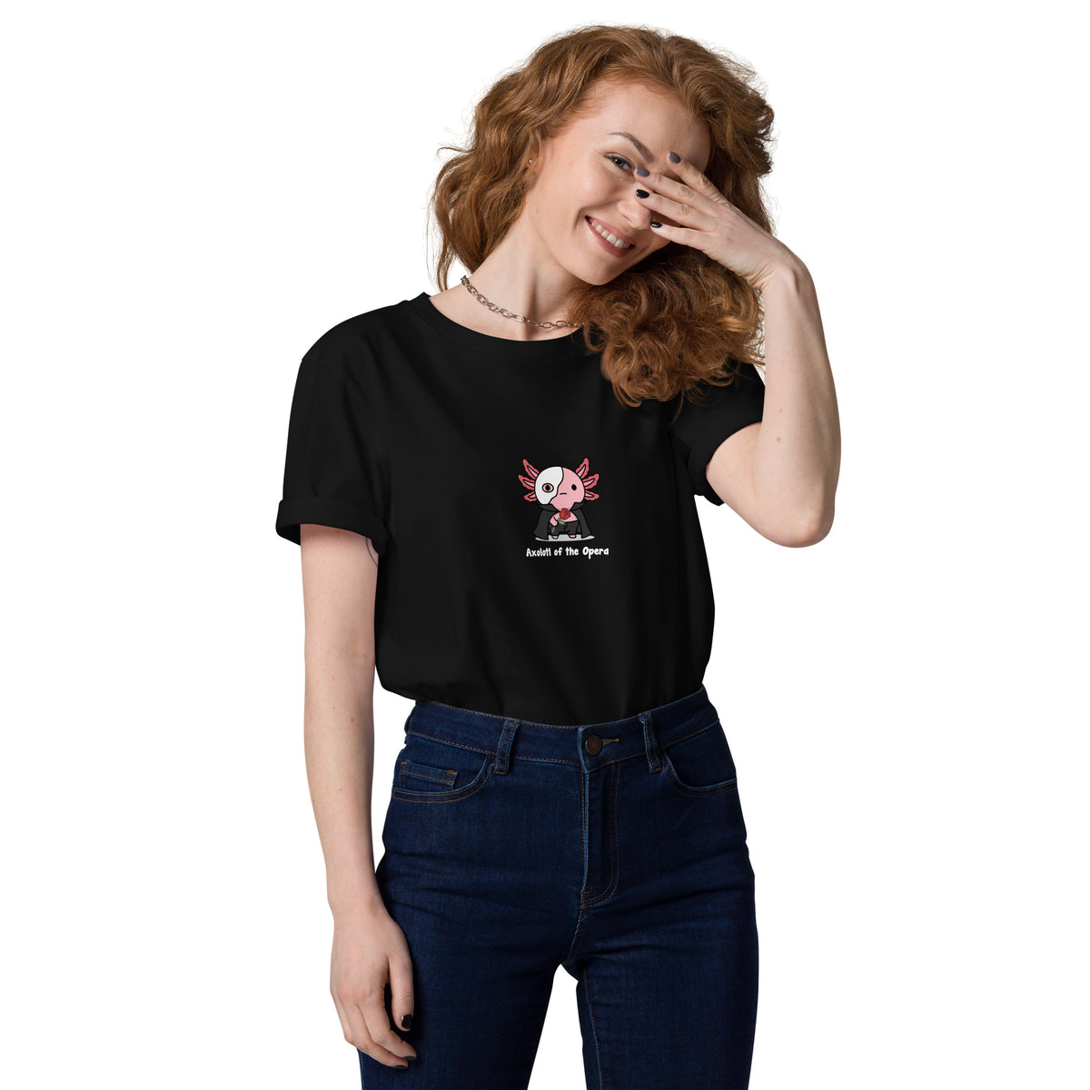 Axolotl of the Opera t-shirt in Black, worn by a smiling model on a white background