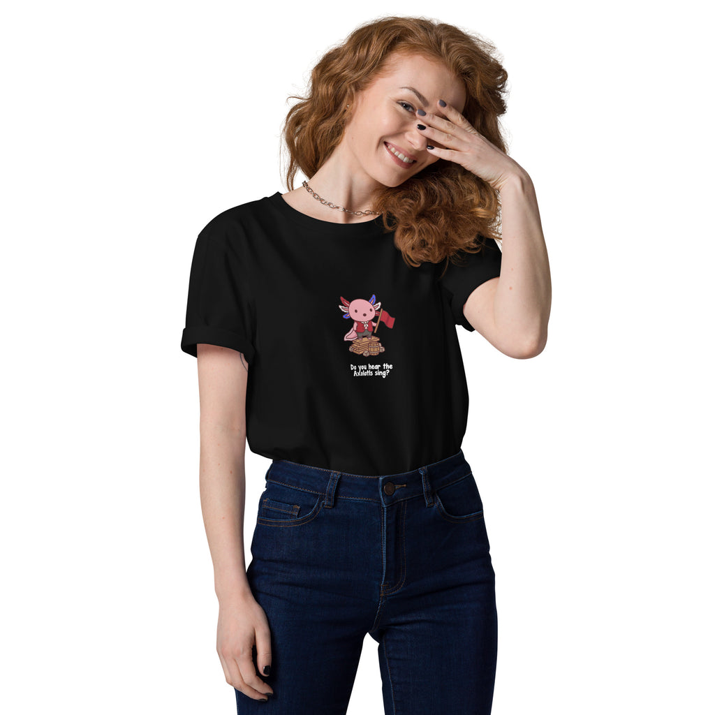 Do You Hear the Axolotls Sing t-shirt in Black, worn by a smiling model on a white background