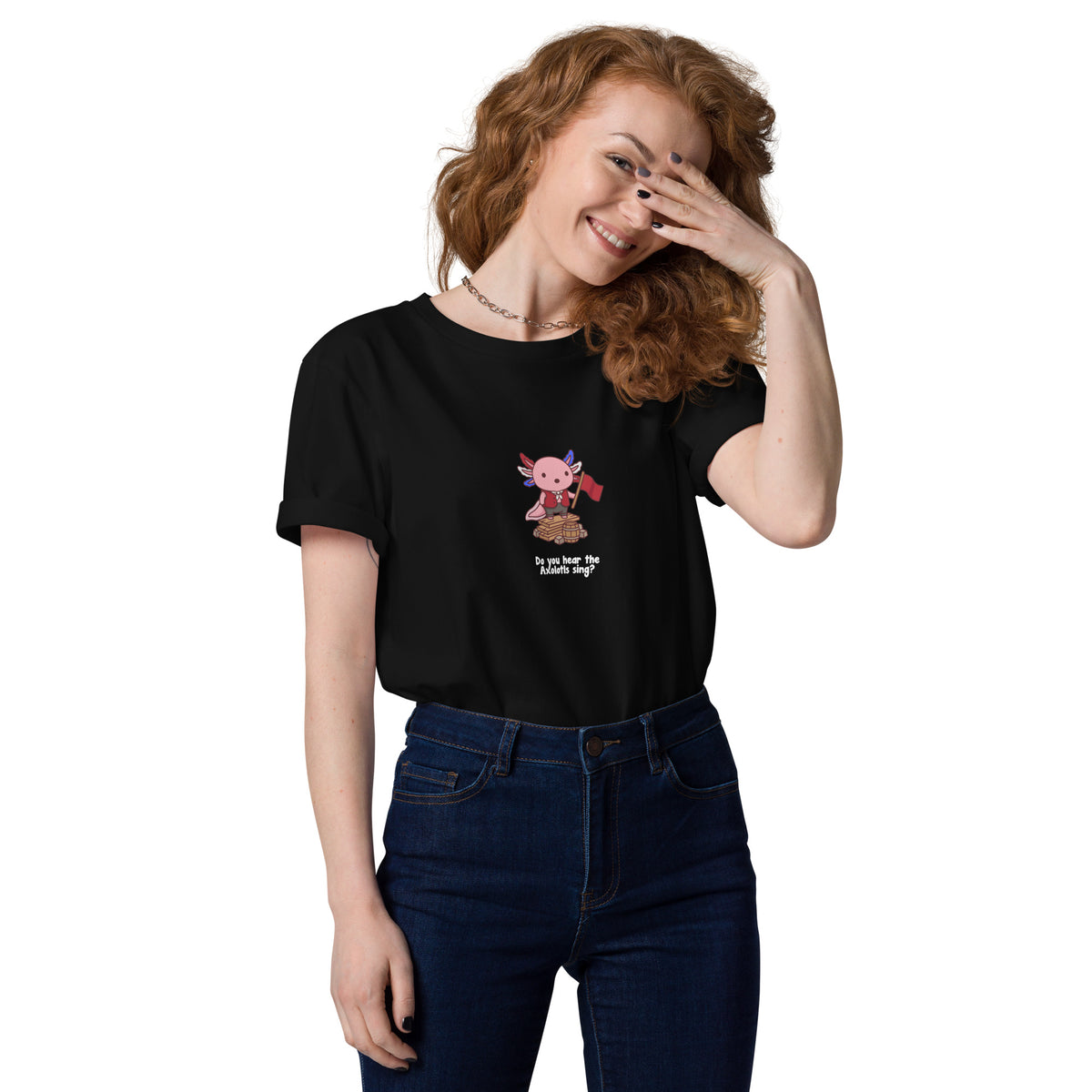 Do You Hear the Axolotls Sing t-shirt in Black, worn by a smiling model on a white background