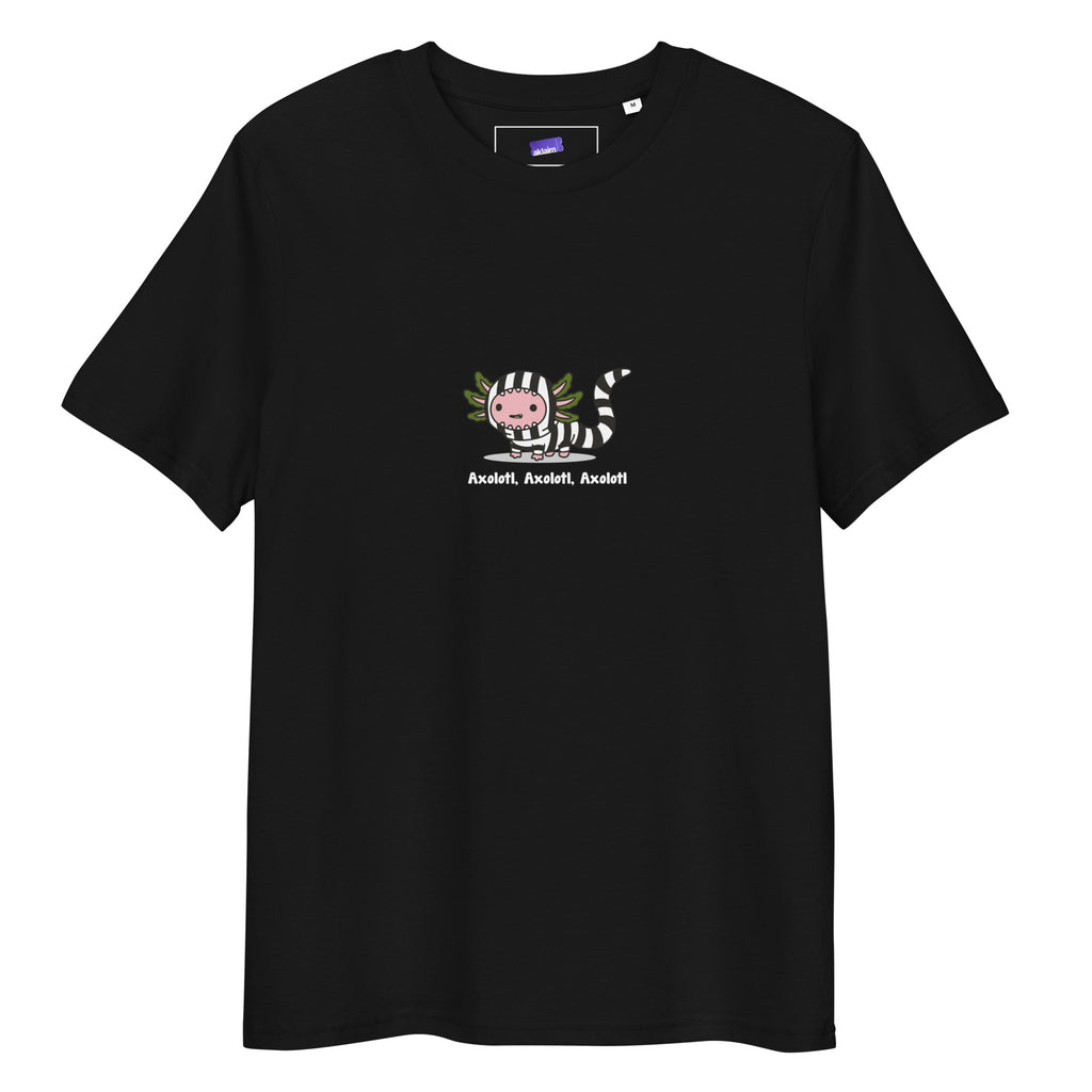 Axolotl Beetlejuice t-shirt in Black, laid flat on a white background