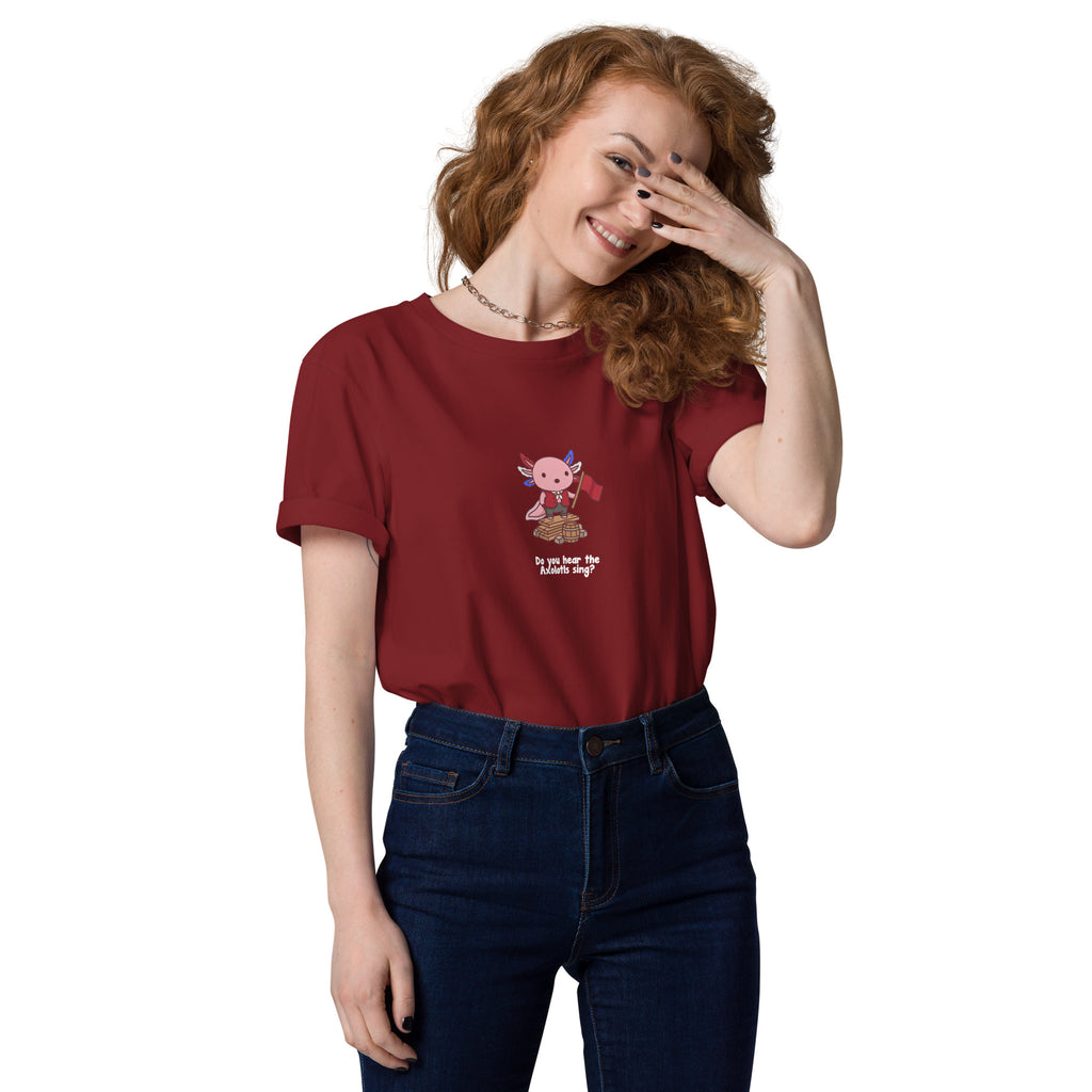Do You Hear the Axolotls Sing t-shirt in Burgundy, worn by a smiling model on a white background