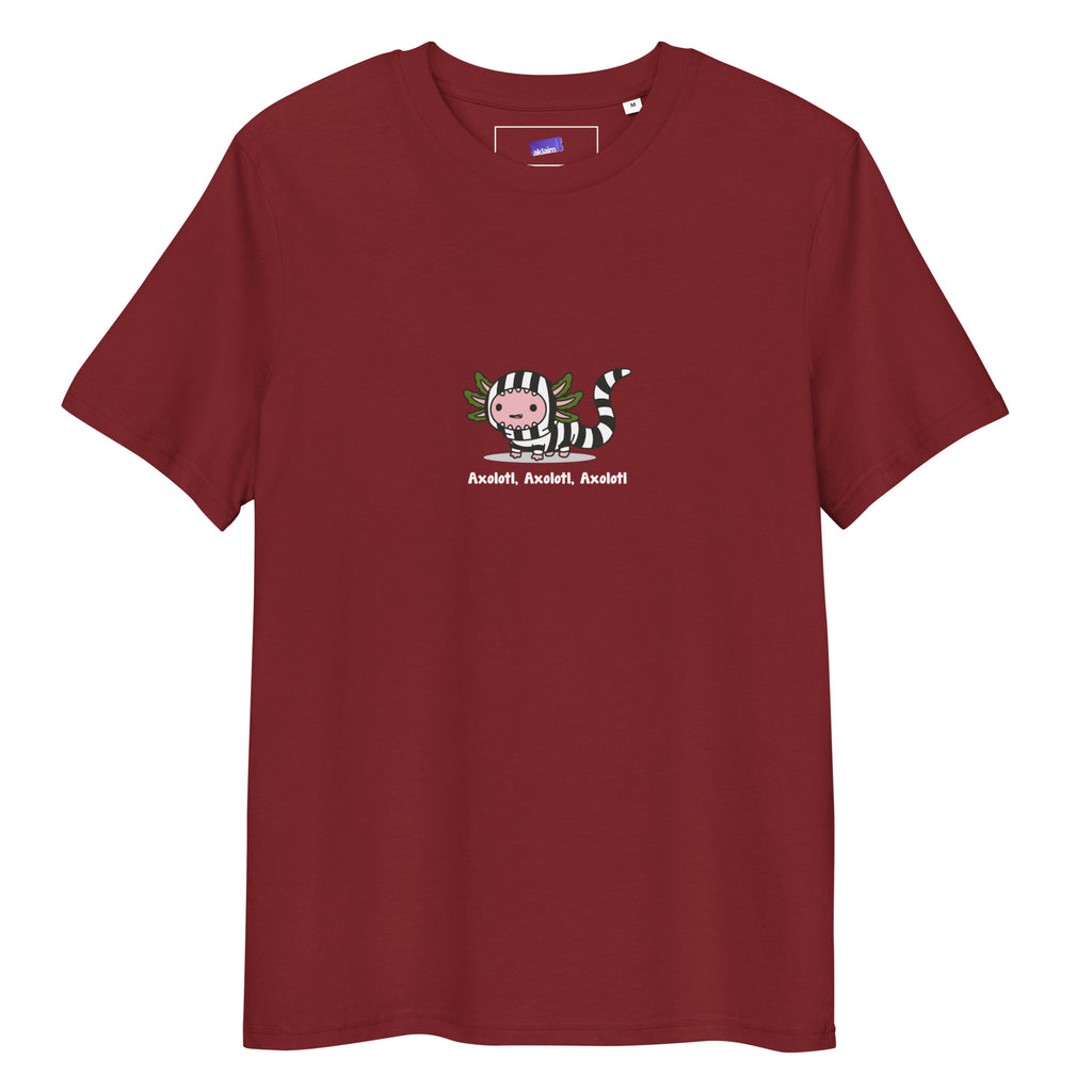 Axolotl Beetlejuice t-shirt in Burgundy, laid flat on a white background