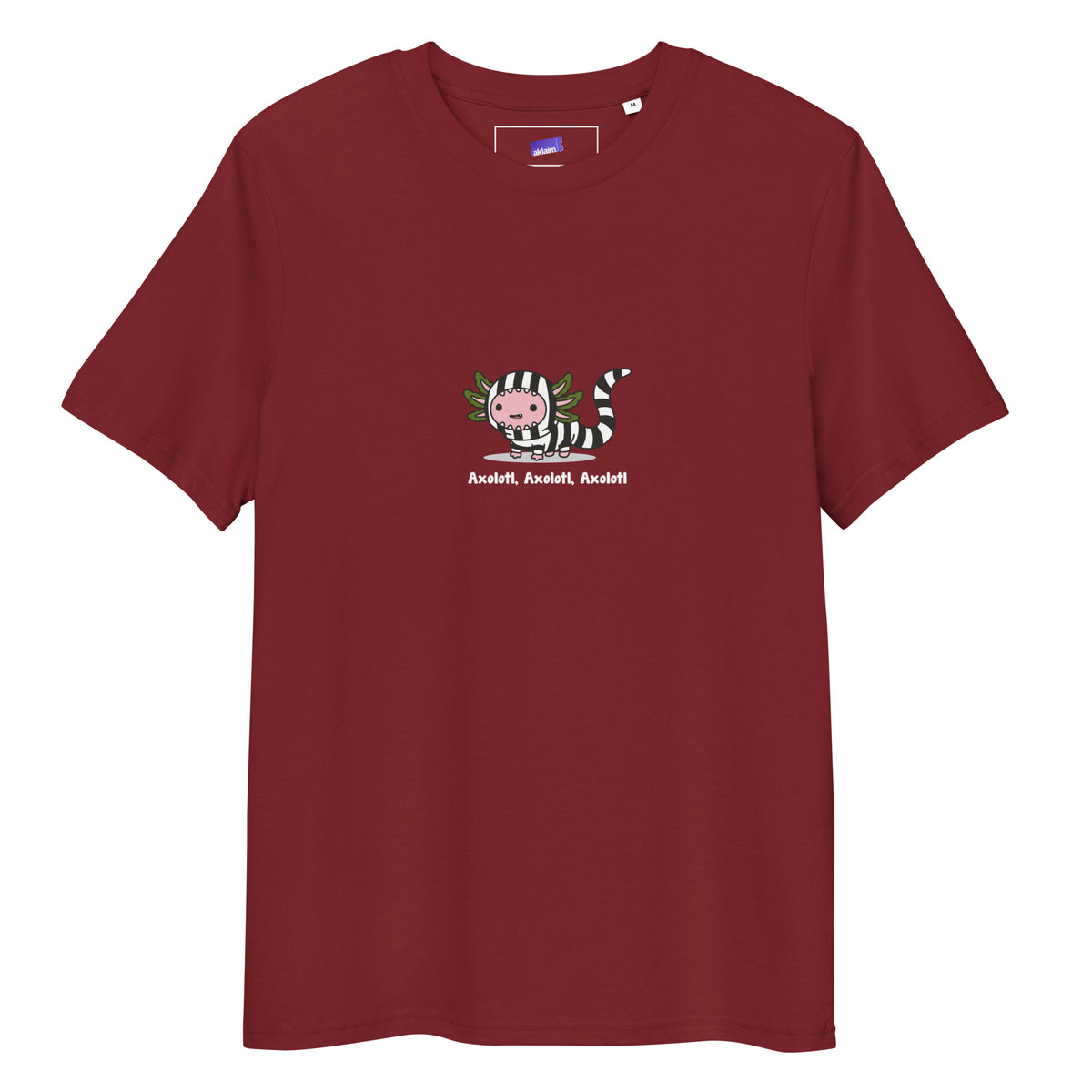 Axolotl Beetlejuice t-shirt in Burgundy, laid flat on a white background