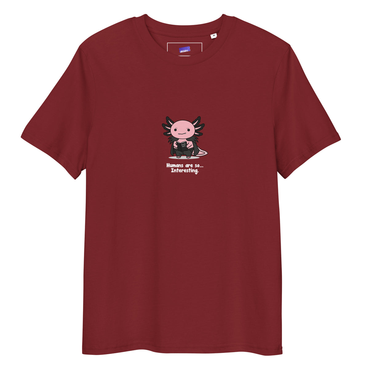 Humans Are So Interesting t-shirt in Burgundy, laid flat on a white background