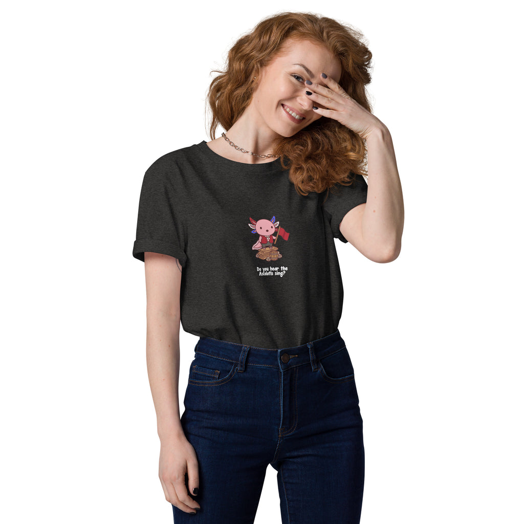Do You Hear the Axolotls Sing t-shirt in Dark Heather Grey, worn by a smiling model on a white background