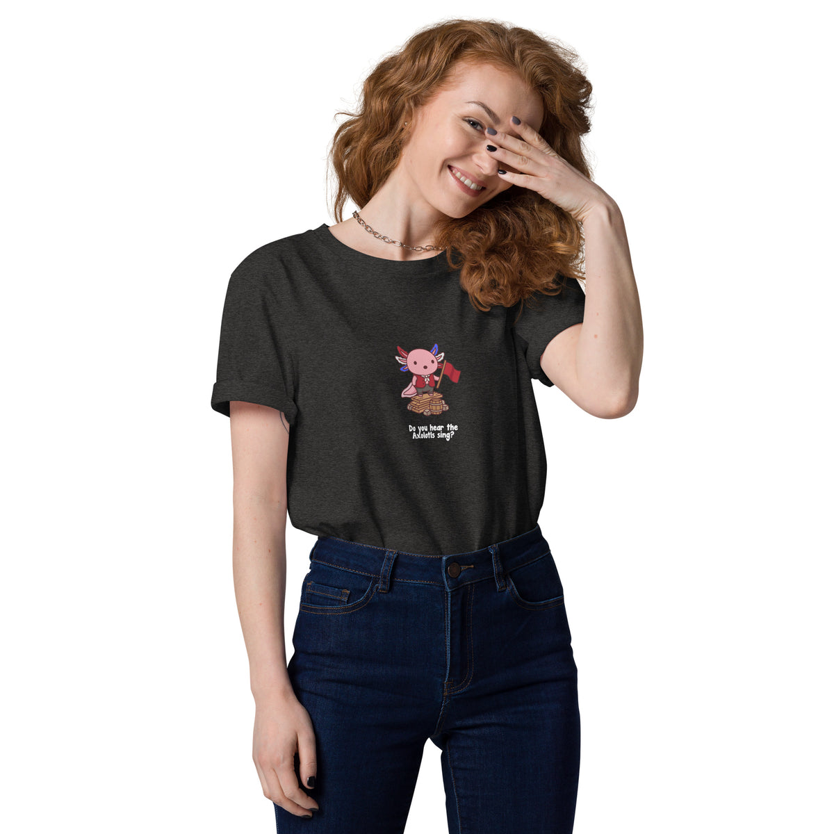Do You Hear the Axolotls Sing t-shirt in Dark Heather Grey, worn by a smiling model on a white background