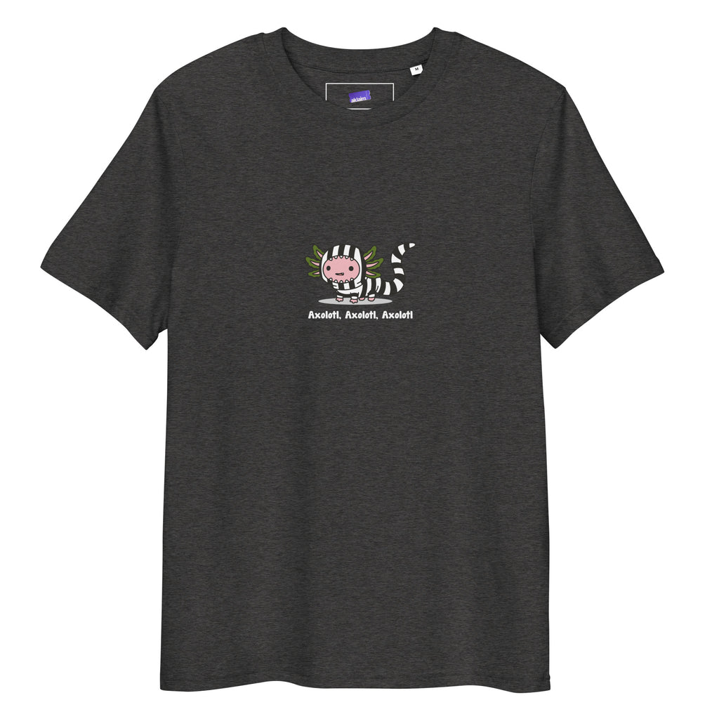 Axolotl Beetlejuice t-shirt in Dark Heather Grey, laid flat on a white background