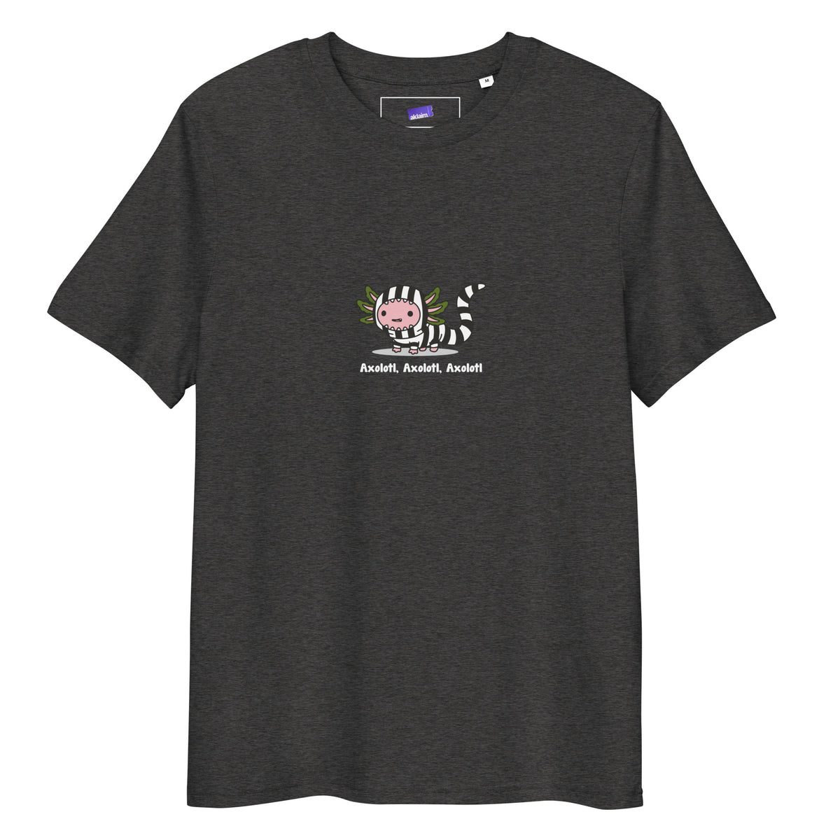 Axolotl Beetlejuice t-shirt in Dark Heather Grey, laid flat on a white background
