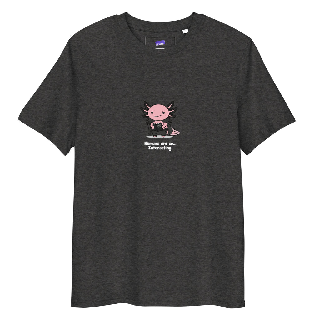 Humans Are So Interesting t-shirt in Dark Heather Grey, laid flat on a white background
