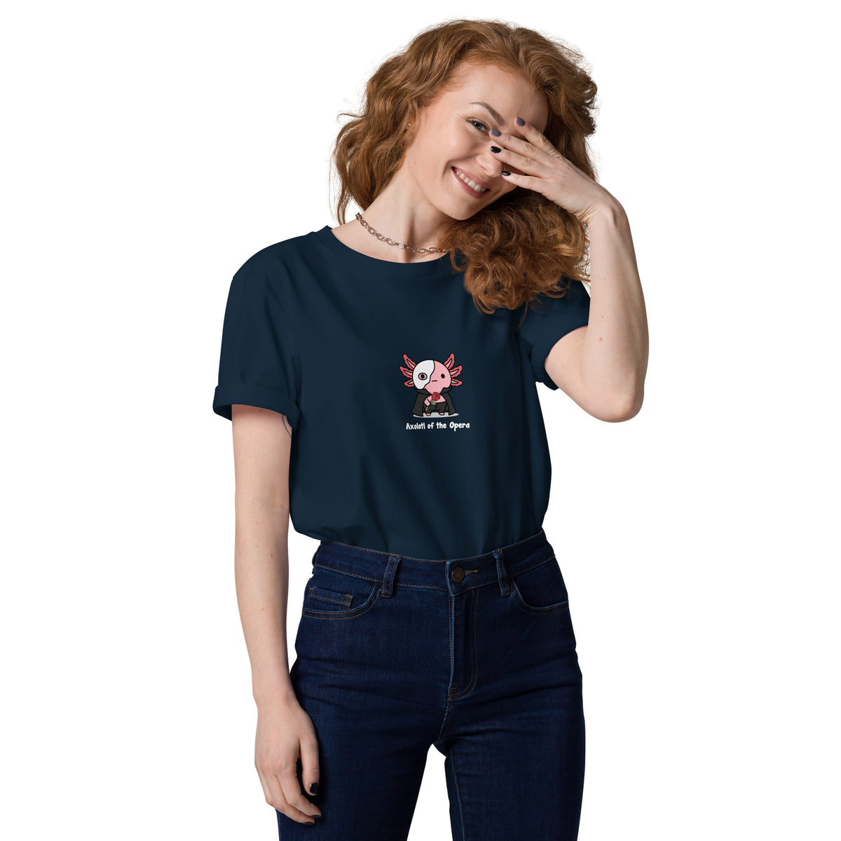 Axolotl of the Opera t-shirt in French Navy, worn by a smiling model on a white background