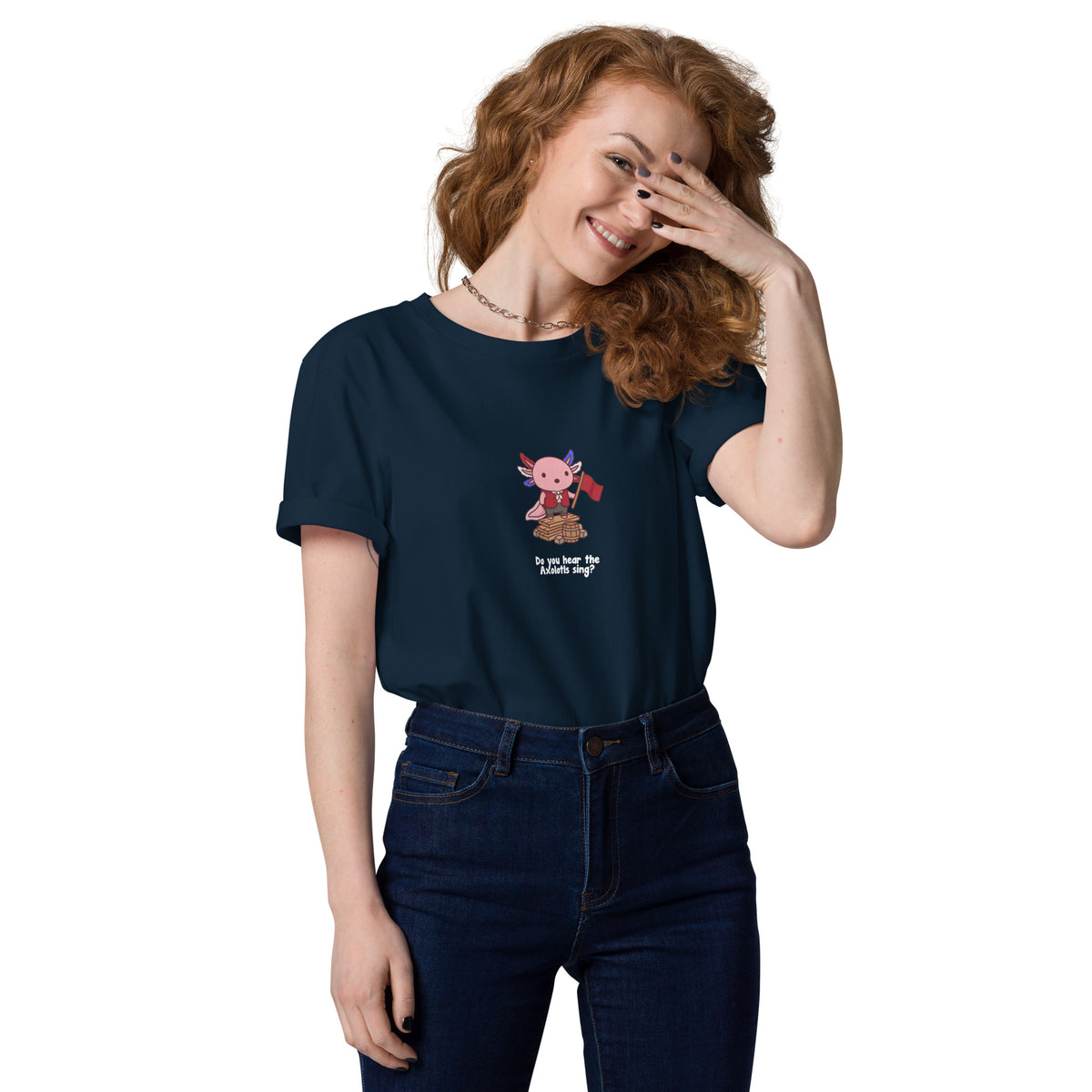 Do You Hear the Axolotls Sing t-shirt in French Navy, worn by a smiling model on a white background