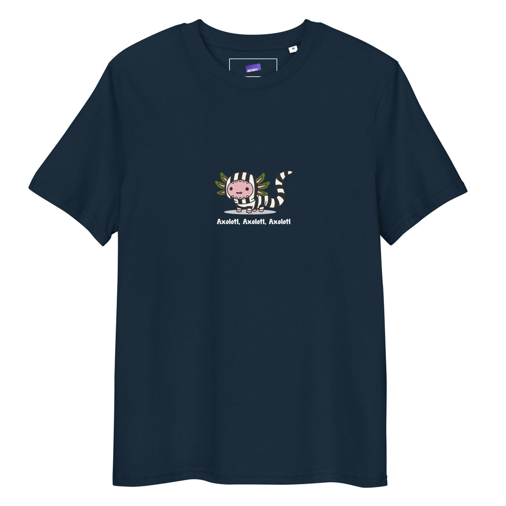 Axolotl Beetlejuice t-shirt in French Navy, laid flat on a white background