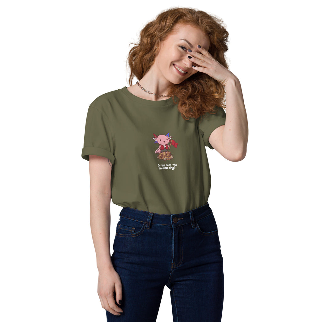 Do You Hear the Axolotls Sing t-shirt in Khaki, worn by a smiling model on a white background