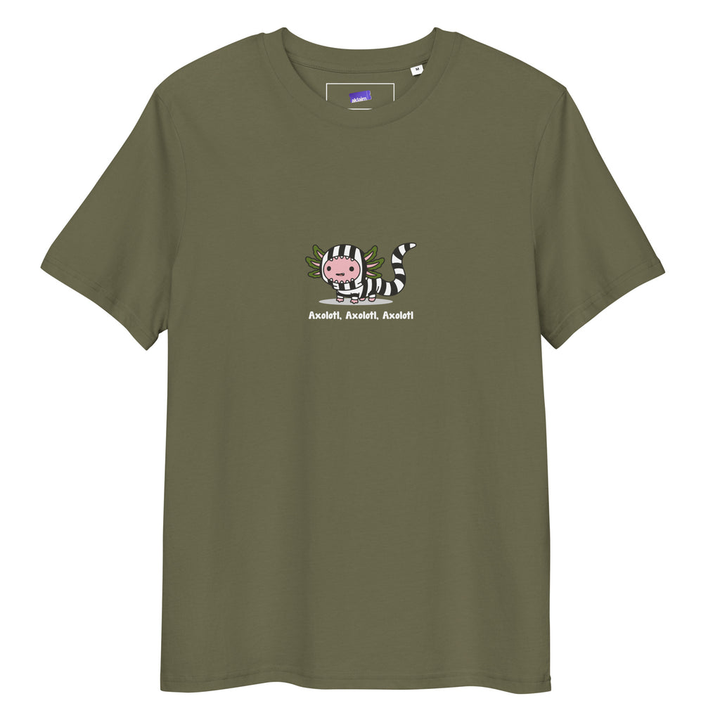 Axolotl Beetlejuice t-shirt in Khaki, laid flat on a white background