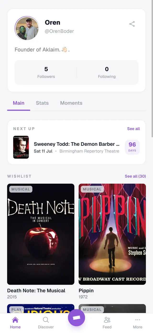 The Aklaim app: profile, next show and wishlist